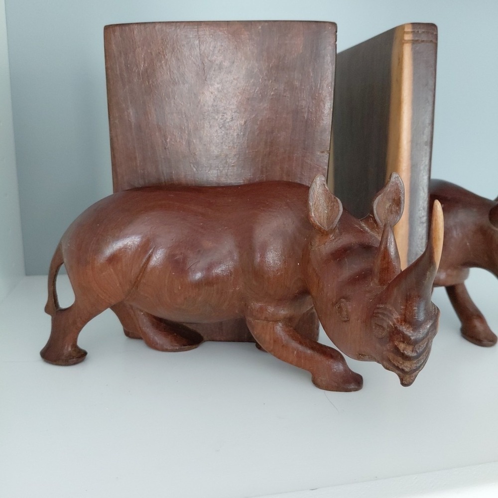 Vintage Hand Carved Natural Wood African RHINO Bookends Heavy Artist Detailed - Picture 4 of 16